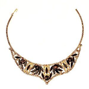 Black Marquise Stone Statement Necklace • Gold Tone • Rhinestone Accents.